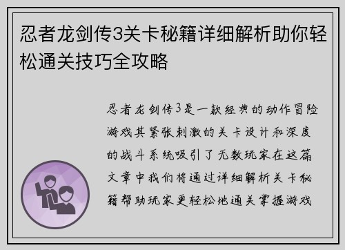 忍者龙剑传3关卡秘籍详细解析助你轻松通关技巧全攻略